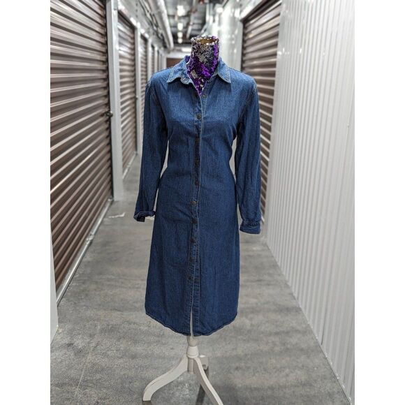 NorthStyle Dresses & Skirts - Vintage 90s Style Blue Button Down Denim Long Sleeve Midi Dress Coastal Cowgirl